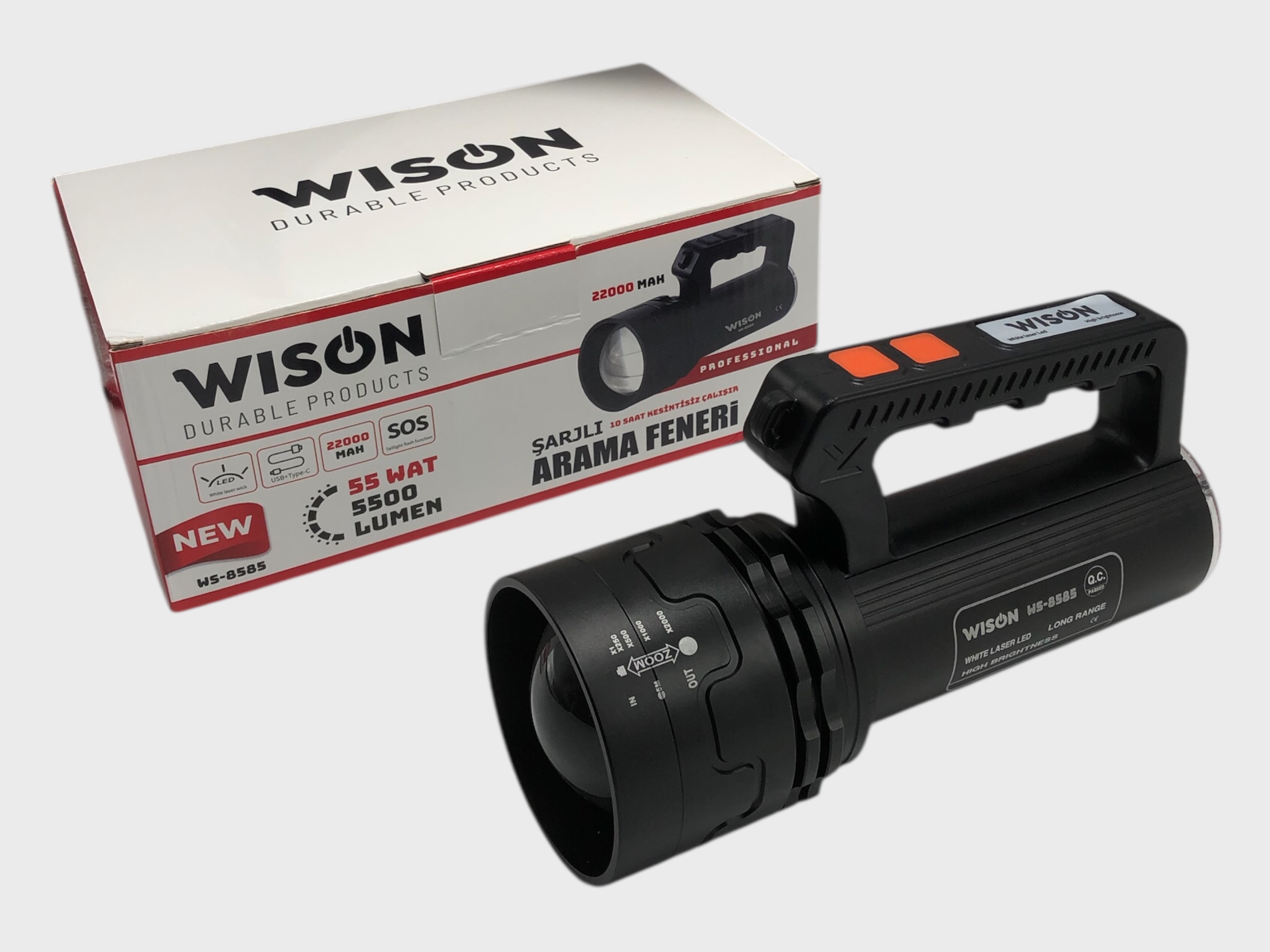 Detaylı İnceleme: Wıson WS-8585 55W LED El Feneri – 22000 mAh Pil, Type-C Hızlı Şarj, 5500 Lümen & SOS Modlu Çift Düğmeli Performans