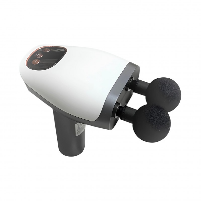 Çift başlıklı dijital ekranlı masaj tabancasının ön yüz tasarımını gösteren görsel