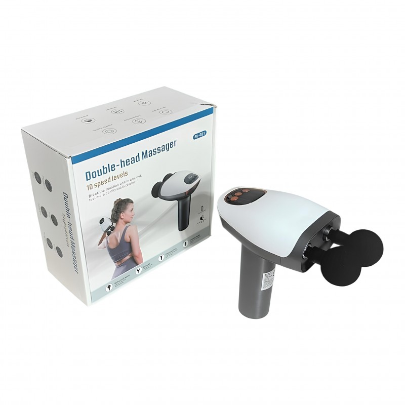 Çift başlıklı dijital ekranlı masaj tabancasının modern tasarım detaylarını gösteren görsel