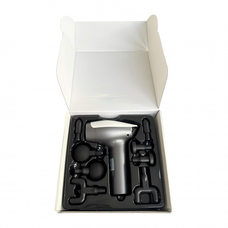 Çift başlıklı dijital ekranlı masaj tabancasının kontrol tuşlarını gösteren yakın plan görsel