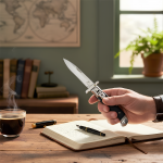 Bıçağın Blackwood ahşap kaplamalı tutma kolu ve tasarım detayı.