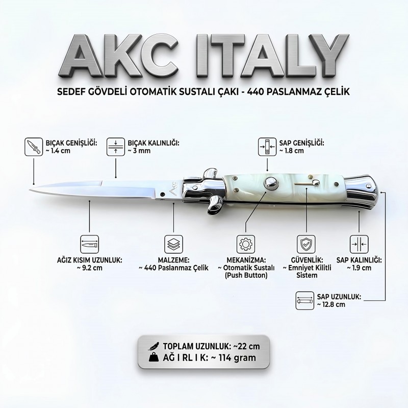 AKC Italy Sedefli Otomatik Bıçak Emniyetli Kilit Sistemi