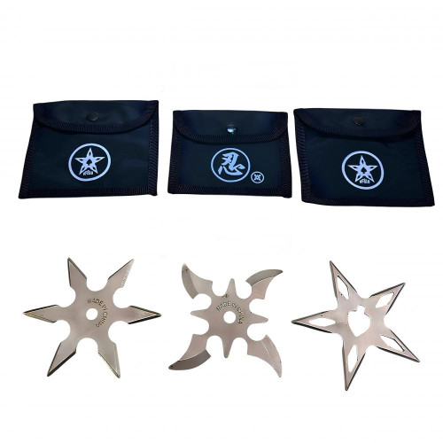 Gümüş Çelik Ninja Yıldızları Seti - 3 lü Shuriken Takımı
